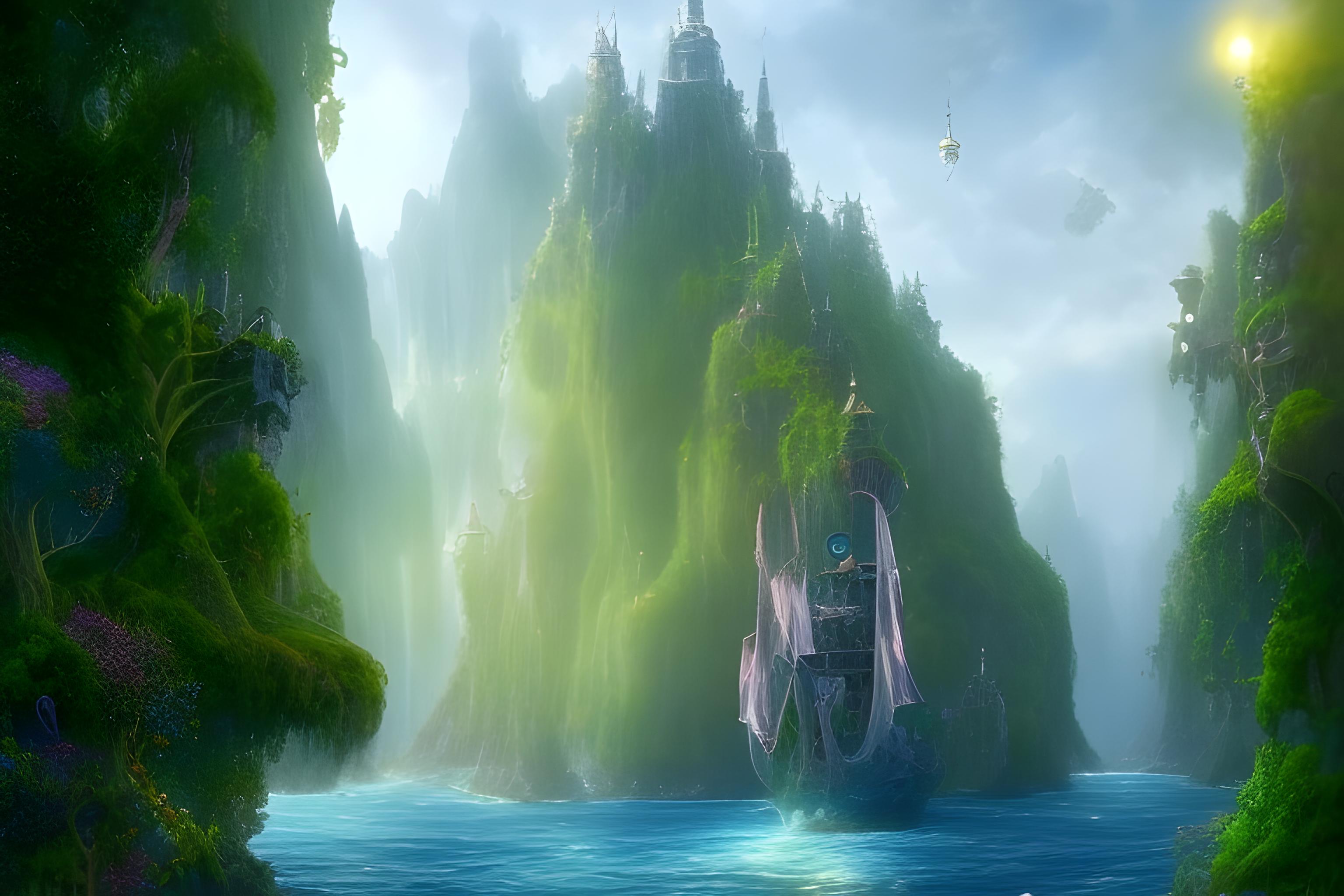 Un fond d'écran de pc alliant les univers fantasy du seigneurs des anneaux, pirates des caraïbes, Le monde de Narnia, de façon épurée, pas trop chargé, sous forme de paysage fantastique, doux et féérique. 